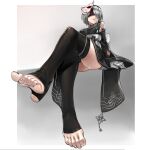  1girl 2b_(nier:automata) arm_support ass bare_shoulders black_blindfold black_kimono black_thighhighs blindfold bob_cut bow breasts crossed_legs detached_sleeves eiji_(eiji) feet foot_focus foreshortening fox_mask from_below gloves goddess_of_victory:_nikke gradient_background grey_hair hairband highres japanese_clothes kimono legs long_sleeves looking_afar looking_to_the_side mask mask_on_head medium_breasts mole mole_under_mouth nier:automata nier_(series) no_shoes obi official_alternate_costume parted_lips sash short_hair sideboob sitting skindentation sleeveless sleeveless_kimono soles solo stirrup_legwear thighhighs toeless_legwear toenails toes white_background white_gloves 