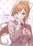  1girl bow breasts brown_hair brown_jacket doki_doki_literature_club english_text green_eyes grey_jacket hair_bow hair_ribbon hand_on_own_cheek hand_on_own_face highres jacket long_hair long_sleeves looking_at_viewer monika_(doki_doki_literature_club) orange_vest ponytail red_ribbon ribbon school_uniform shirt smile solo vest white_bow white_ribbon yuna_4568 