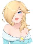  1girl :d bare_shoulders blonde_hair blue_eyes blush breasts closed_mouth collarbone earrings hair_over_one_eye highres jewelry long_hair looking_at_viewer mario_(series) medium_breasts off_shoulder open_mouth rosalina shiny_skin simple_background smile solo star_(symbol) star_earrings super_mario_galaxy tomatomiya white_background 