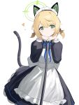  1girl absurdres alternate_costume animal_ear_headphones animal_ears apron black_dress blonde_hair blue_archive blush bow broom cat_tail dress enmaided fake_animal_ears green_eyes halo haruteru head_rest headphones heart highres holding holding_broom long_sleeves looking_at_viewer maid maid_apron maid_headdress midori_(blue_archive) midori_(maid)_(blue_archive) ribbon short_hair short_twintails simple_background solo tail twintails white_apron white_background 