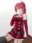  1girl absurdres bow breasts cleavage_cutout clothing_cutout double-parted_bangs dress eiyuu_densetsu elbow_gloves gloves hair_between_eyes highres large_breasts long_hair looking_at_viewer notejhay pink_hair ponytail santa_costume santa_dress sara_valestein scarf sen_no_kiseki simple_background thighhighs white_background yellow_eyes 