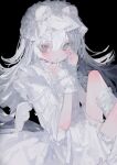  1girl black_background blush closed_mouth dress frills grey_eyes hair_between_eyes hair_ornament hairclip hands_up headdress highres long_hair looking_at_viewer null1040 original simple_background sitting socks solo white_dress white_hair white_socks white_wings wings 