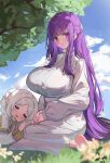  2girls :o absurdres barefoot blue_sky blush breasts closed_eyes cloud day dress elf fern_(sousou_no_frieren) frieren grass highres homura_(homur4_homu) lap_pillow large_breasts long_hair long_sleeves looking_at_viewer multiple_girls outdoors pointy_ears purple_eyes purple_hair sitting sky sousou_no_frieren white_dress white_hair 