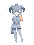  1girl black_hair blush breasts chai_chai_huishi closed_mouth collared_shirt gloves green_eyes grey_hair grey_shirt hair_between_eyes head_wings heart highres kemono_friends large_breasts looking_at_viewer multicolored_hair necktie shirt shoebill_(kemono_friends) short_sleeves shorts sidelocks solo tail wings 