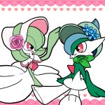  1boy 1girl arm_up arms_at_sides bandana blue_flower blue_hair bob_cut bonnet cabbie_hat capelet chibi closed_mouth clothed_pokemon colored_skin commentary_request eye_contact flat_chest flat_color flower from_side gallade gardevoir gardevoir_(fashionable) green_bandana green_hair green_headwear green_skin hair_over_one_eye happy hat hat_flower heart looking_at_another mohawk monya multicolored_hair multicolored_skin one_eye_covered open_mouth partial_commentary pink_flower pink_rose pink_trim pokemon pokemon_(creature) pokemon_unite red_eyes rose short_hair sitting smile two-tone_hair two-tone_skin white_background white_capelet white_headwear white_skin 