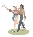  2girls archived_source bad_id bad_twitter_id badminton_racket black_hair blunt_bangs commentary_request highres holding jewelry korean_commentary looking_to_the_side mulmulgogibbq multiple_girls nami_(one_piece) necklace nico_robin one_piece orange_hair pants racket shoes short_hair shorts simple_background smile sneakers walking white_background 