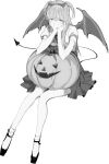  1girl greyscale halloween halloween_costume highres jack-o&#039;-lantern long_hair looking_at_viewer monochrome original solo suiso_(owp) 