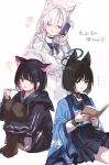  ... 3girls ? akira_(blue_archive) animal_ear_fluff animal_ears black_eyes black_hair black_jacket black_pantyhose black_serafuku blue_archive blue_halo blue_jacket blue_neckerchief blue_sailor_collar blue_skirt book bright_pupils cat_ears collared_shirt colored_inner_animal_ears commentary green_sailor_collar grey_halo hair_intakes halo haori heart highres holding holding_book holding_phone holding_spoon hood hood_down hooded_jacket hugging_own_legs jacket jacket_on_shoulders japanese_clothes kazusa_(blue_archive) kikyou_(blue_archive) knees_up long_hair long_sleeves looking_at_phone looking_at_viewer looking_to_the_side makihitsuji multiple_girls neckerchief one_side_up open_mouth pants pantyhose parted_bangs phone pink_halo pleated_skirt red_eyes sailor_collar school_uniform serafuku shirt short_hair simple_background sitting skirt soles spoon symbol-only_commentary tongue tongue_out translation_request upper_body white_background white_hair white_jacket white_pants white_pupils white_shirt white_skirt 