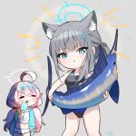  2girls :&lt; ahoge animal animal_ear_fluff animal_ears bikini blue_archive blue_eyes breasts chibi closed_eyes closed_mouth cross_hair_ornament eyewear_on_head fish food grey_background hair_bobbles hair_ornament halo holding holding_animal holding_fish holding_food holding_popsicle hoshino_(blue_archive) hoshino_(swimsuit)_(blue_archive) jacket long_hair low_twintails mismatched_pupils multiple_girls one-piece_swimsuit open_clothes open_jacket ponytail popsicle shiroko_(blue_archive) shiroko_(swimsuit)_(blue_archive) simple_background sunglasses swimsuit tautiki twintails white_bikini 