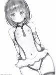  1girl absurdres aikawa_aika alice_gear_aegis arms_behind_back bare_shoulders between_breasts blunt_bangs blush braid breasts cowboy_shot crown_braid dot_mouth dot_nose greyscale highres looking_at_viewer monochrome nanashi_(nlo) necktie necktie_between_breasts nipples open_clothes short_hair short_necktie simple_background small_breasts solo thigh_gap translated 