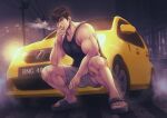  1boy bara black_footwear black_hair black_tank_top car cigarette city_lights earrings flip-flops fog full_body grey_shorts hal_(harenchiou) headlights highres holding holding_cigarette jewelry large_pectorals looking_at_viewer male_focus motor_vehicle muscular muscular_male night original outdoors pectorals power_lines sandals short_hair shorts sidewalk smoke solo squatting tank_top yellow_car 