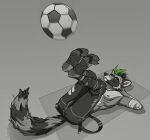 anthro ball clothed clothing greyscale male mammal monochrome muscular muscular_male procyon_(redsummer) procyonid raccoon redsummer soccer_ball solo topless