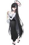  1girl black_hair black_skirt blue_archive blush breasts cleavage full_body hair_ornament hairclip halo highres k_pring large_breasts long_hair long_skirt long_sleeves looking_at_viewer red_eyes rio_(blue_archive) shirt skirt solo very_long_hair white_shirt 