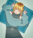  1girl :3 absurdres blonde_hair blue_sweater blush bob_cut demon_horns fake_horns highres horns inverted_bob memcho multicolored_hair off-shoulder_sweater off_shoulder oshi_no_ko roots_(hair) sweater user_cknt4884 