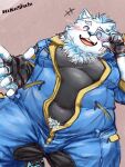 2023 anthro belly big_belly blush bulge canid canine canis clothed clothing domestic_dog fur hi_res hiko_hiko7 humanoid_hands kemono lifewonders live_a_hero male mammal overweight overweight_male simple_background solo white_body white_fur yohack
