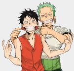  2boys bandana bandana_around_arm black_bandana black_eyes black_hair cheek_pull earrings finger_in_another&#039;s_mouth green_hair grey_background haramaki highres jewelry looking_at_viewer male_focus monkey_d._luffy multiple_boys nsozp one_piece pectoral_cleavage pectorals red_vest roronoa_zoro scar scar_on_cheek scar_on_face shirt short_hair sideburns simple_background single_earring smile stretching teeth upper_body v vest white_shirt 