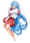  1girl barefoot blue_hair closed_eyes feet highres izumi_konata long_hair lucky_star red_ribbon red_sailor_collar red_skirt ribbon sailor_collar school_uniform shty_pe simple_background skirt solo white_background 