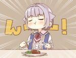  1girl blush brown_background center_frills closed_eyes closed_mouth collared_shirt commentary eating emphasis_lines facing_viewer food fork frilled_sleeves frills grey_hair hair_flaps hair_intakes holding holding_fork holding_knife idolmaster idolmaster_cinderella_girls idolmaster_cinderella_girls_starlight_stage knife koshimizu_sachiko long_sleeves plate puffy_long_sleeves puffy_sleeves shirt simple_background solo suspenders translated upper_body white_shirt yukie_(kusaka_shi) 
