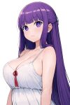  1girl :/ absurdres armpit_crease blunt_bangs blush breasts camisole cleavage closed_mouth fern_(sousou_no_frieren) highres large_breasts long_hair nagisa_(dnkr8823) purple_eyes purple_hair red_ribbon ribbon simple_background skindentation solo sousou_no_frieren very_long_hair white_background white_camisole 