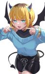  1girl :3 blonde_hair blue_sweater blush bob_cut demon_horns demon_wings fake_horns highres horns inverted_bob memcho multicolored_hair off-shoulder_sweater off_shoulder oshi_no_ko roots_(hair) sweater tonton_utaro wings 