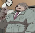 00murice 2023 anthro bear belly big_belly black_nose brown_body clothing detailed_background humanoid_hands kemono male mammal mature_male necktie overweight overweight_male shirt solo topwear