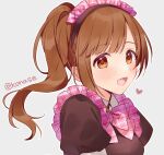  1girl blush bow bowtie breasts brown_eyes brown_hair brown_shirt from_side grey_background headdress heart idolmaster idolmaster_cinderella_girls idolmaster_cinderella_girls_starlight_stage igarashi_kyoko konase_(non_stop!) long_hair looking_at_viewer medium_breasts open_mouth pink_bow pink_bowtie plaid plaid_bow plaid_bowtie portrait shirt short_sleeves side_ponytail simple_background smile solo twitter_username 