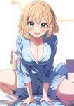  1girl 1other absurdres barefoot bed_sheet blonde_hair blue_eyes blue_pants blue_shirt blurry blurry_background blush breasts cleavage collarbone commentary_request hair_between_eyes hair_intakes highres indoors large_breasts long_sleeves looking_at_viewer on_bed open_mouth original pants pov shirt short_hair siokazunoko sitting sitting_on_person smile 