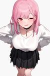  1girl absurdres black_choker black_skirt bluefield blunt_bangs blush choker hands_on_own_hips highres hololive hololive_english long_hair looking_at_viewer mori_calliope one_eye_closed open_mouth pink_hair red_eyes shirt skirt smile solo virtual_youtuber white_shirt 