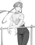  1girl ahoge aria_(manga) belt black_pants crossed_arms greyscale hand_on_railing long_hair looking_to_the_side monochrome pants railing shirt short_sleeves suiso_(owp) very_long_hair white_background white_shirt 