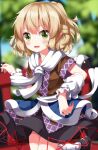  1girl arm_warmers black_footwear black_skirt blurry blurry_background bridge commentary_request green_eyes highres looking_at_viewer mizuhashi_parsee multicolored_clothes open_mouth pointy_ears ruu_(tksymkw) skirt socks solo touhou white_socks 