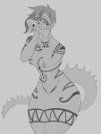 anthro areola barbell_piercing baryonyx blush breasts dinosaur dominismortis female genitals goodbye_volcano_high hair half-shaved_head hand_on_face hi_res innie_pussy long_tail looking_at_viewer monochrome neck_chain nick_(gvh) nipple_piercing nipples nude piercing pupils pussy reptile scalie simple_background slit_pupils snoot_game snout solo spiked_tail spikes spikes_(anatomy) spinosaurid standing tail tattoo theropod thick_thighs wide_hips