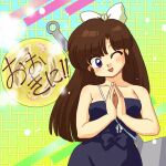  1girl blue_eyes blush bow breasts brown_hair food hair_bow highres kuonji_ukyou okonomiyaki one_eye_closed ranma_1/2 solo spatula standing takahashi_rumiko_(style) wanta_(futoshi) white_bow 