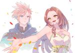  1boy 1girl aerith_gainsborough artist_name bare_arms bare_shoulders black_jacket blonde_hair blue_cloak blue_eyes breasts brown_hair cha_niao_(strxscs) cloak cloud_strife couple dated dress dress_flower falling_petals final_fantasy final_fantasy_vii final_fantasy_vii_rebirth flower green_eyes hand_on_own_chest hetero jacket long_hair looking_at_another medium_breasts music official_alternate_costume open_mouth outstretched_arm parted_bangs parted_lips petals short_hair sidelocks singing sleeveless sleeveless_dress smile spiked_hair strapless strapless_dress twitter_username upper_body wavy_hair white_background white_dress yellow_flower 