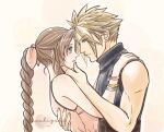  1boy 1girl aerith_gainsborough artist_name bangle bare_arms bare_shoulders blonde_hair blue_eyes blue_shirt blush bracelet braid braided_ponytail brown_hair cloud_strife couple dress earrings final_fantasy final_fantasy_vii final_fantasy_vii_rebirth final_fantasy_vii_remake green_eyes hair_ribbon hand_on_another&#039;s_back hand_on_another&#039;s_chin hand_on_another&#039;s_shoulder hetero highres jewelry long_hair looking_at_another omochi_daisuki parted_bangs pink_dress pink_ribbon ribbon shirt short_hair sidelocks single_braid single_earring sleeveless sleeveless_dress sleeveless_turtleneck spiked_hair toned toned_male turtleneck upper_body 