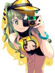  1girl andrewcockroach bracelet breasts camera closed_mouth eyelashes green_eyes green_hair highres holding holding_camera jewelry large_breasts long_hair looking_at_viewer original pov shorts sleeveless smile solo thighs twintails two_side_up visor_cap 