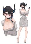  1girl absurdres arm_under_breasts asymmetrical_horns black_hair black_mask blue_hair breasts cellphone cleavage colored_inner_hair demon_horns dongtan_dress dress grey_footwear highres holding holding_phone hololive hololive_english horns large_breasts lazycoffee_(wyen_iscordo) looking_at_viewer mask mask_pull meme_attire mole mole_under_eye mouth_mask multicolored_hair nail_polish nerissa_ravencroft phone red_eyes red_nails short_hair smartphone solo virtual_youtuber white_background white_dress 