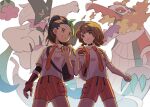  2girls anna_(pokemon) backpack bag black_hair breast_pocket brown_eyes brown_hair clenched_hand closed_mouth collared_shirt commentary_request fingerless_gloves gloves green_hair grin holding holding_poke_ball meowscarada multicolored_hair multiple_girls necktie nemona_(pokemon) orange_necktie orange_shorts pocket poke_ball poke_ball_(basic) pokemon pokemon_(creature) pokemon_sv ponytail rei931218 school_uniform shirt shorts single_glove skeledirge smile teeth two-tone_hair white_shirt 