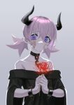 1girl absurdres bandaid bandaid_on_face bare_shoulders black_choker black_horns chain choker closed_mouth flower gauze gauze_on_cheek grey_background hair_between_eyes highres holding horns looking_at_viewer original pink_hair purple_eyes red_flower short_twintails simple_background solo spider_lily toxic_ghost twintails upper_body 