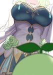  1girl blush breasts ceres_fauna ceres_fauna_(1st_costume) flower flying_sweatdrops from_below green_hair head_out_of_frame highres hololive hololive_english kabedon large_breasts open_mouth redi_(rasec_asdjh) sapling_(ceres_fauna) simple_background solo sweat virtual_youtuber white_background 