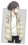  1girl black_pants brown_hair closed_mouth cowboy_shot down_jacket facing_to_the_side hand_in_pocket jacket mole mole_under_eye open_clothes open_jacket original pants shiina_kuro shirt short_hair simple_background solo white_shirt 