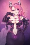  1girl artist_name black_dress breasts cleavage dress hand_on_own_hip highres horns ironmouse large_breasts looking_at_viewer multicolored_hair navel parted_lips pink_eyes pink_hair pointy_ears purple_hair r0cketcat solo streaked_hair virtual_youtuber vshojo 