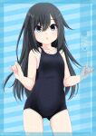  1girl asashio_(kancolle) black_hair blue_background blue_eyes blue_one-piece_swimsuit blush breasts character_name covered_navel highres inaba_shiki kantai_collection long_hair looking_at_viewer new_school_swimsuit one-piece_swimsuit school_swimsuit small_breasts smile solo swimsuit 