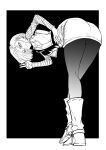  1girl android_18 ass black872233196 black_background boots breasts buttons closed_mouth commentary cropped_jacket dragon_ball dragon_ball_z earrings full_body greyscale hand_on_own_hip highres jacket jewelry knee_boots leaning_forward long_sleeves looking_at_viewer looking_back medium_breasts miniskirt monochrome pantyhose short_hair simple_background skirt sleeveless sleeveless_jacket solo striped v 