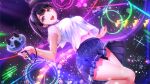  1girl :d artist_request black_hair blue_skirt breasts from_below hair_ornament hair_scrunchie happy konomi_yui large_breasts leg_up looking_to_the_side midriff_peek navel official_art open_mouth pleated_skirt ponytail purple_eyes school_uniform scrunchie see-through see-through_sleeves seifuku_kanojo serafuku shirt short_sleeves skirt smile solo sparkle standing standing_on_one_leg thighs white_shirt 