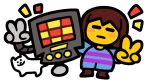  anniversary annoying_dog blue_pants blue_shirt boots brown_footwear brown_hair buttons closed_eyes closed_mouth frisk_(undertale) mechanical_arms mettaton non-humanoid_robot pants robot shirt tombstoneparty undertale white_fur 