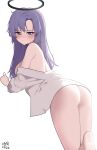  1girl absurdres artist_name ass blue_archive blush breasts clothes_pull dated halo highres large_breasts long_hair looking_at_viewer looking_back myeolchi naked_shirt purple_eyes purple_hair shirt shirt_pull soles solo standing standing_on_one_leg straight_hair sweatdrop very_long_hair white_shirt yuuka_(blue_archive) 