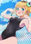  1girl :3 absurdres armpits black_one-piece_swimsuit blonde_hair blush bob_cut breasts competition_swimsuit covered_navel demon_horns fake_horns fingers_to_mouth green_scrunchie highres horns inverted_bob looking_at_viewer medium_breasts memcho multicolored_hair one-piece_swimsuit open_mouth oshi_no_ko outdoors roots_(hair) ryougen_(koh_y1) scrunchie solo swimsuit 