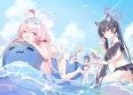  5girls animal_ear_fluff animal_ears ayane_(blue_archive) ayane_(swimsuit)_(blue_archive) ball beachball bikini black_bikini black_hair blue_archive blue_eyes blue_sky breasts cloud day eyewear_on_head fang foreclosure_task_force_(blue_archive) glasses grey_hair hair_between_eyes hair_ribbon halo hoshino_(blue_archive) hoshino_(swimsuit)_(blue_archive) inflatable_toy inflatable_whale large_breasts light_brown_hair long_hair lying medium_breasts multiple_girls nonomi_(blue_archive) nonomi_(swimsuit)_(blue_archive) on_stomach one-piece_swimsuit one_eye_closed open_mouth outdoors pink_eyes pink_hair pointy_ears red-framed_eyewear ribbon serika_(blue_archive) serika_(swimsuit)_(blue_archive) shiroko_(blue_archive) shiroko_(swimsuit)_(blue_archive) shorts sky small_breasts standing striped striped_bikini sunglasses swimsuit tautiki twintails very_long_hair water white_bikini yellow_bikini 