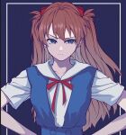  1girl blue_background blue_dress blue_eyes breasts brown_hair closed_mouth dress frown hands_on_own_hips headgear highres long_hair medium_breasts neck_ribbon neon_genesis_evangelion red_ribbon ribbon sailor_collar saventer1 school_uniform shirt short_sleeves solo souryuu_asuka_langley tokyo-3_middle_school_uniform twintails white_sailor_collar white_shirt 