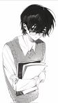  1boy book closed_mouth collared_shirt glasses greyscale highres holding holding_book limbus_company long_sleeves male_focus monochrome pages project_moon shirt simple_background solo sona_(lnjixn) sweater_vest upper_body yi_sang_(project_moon) 